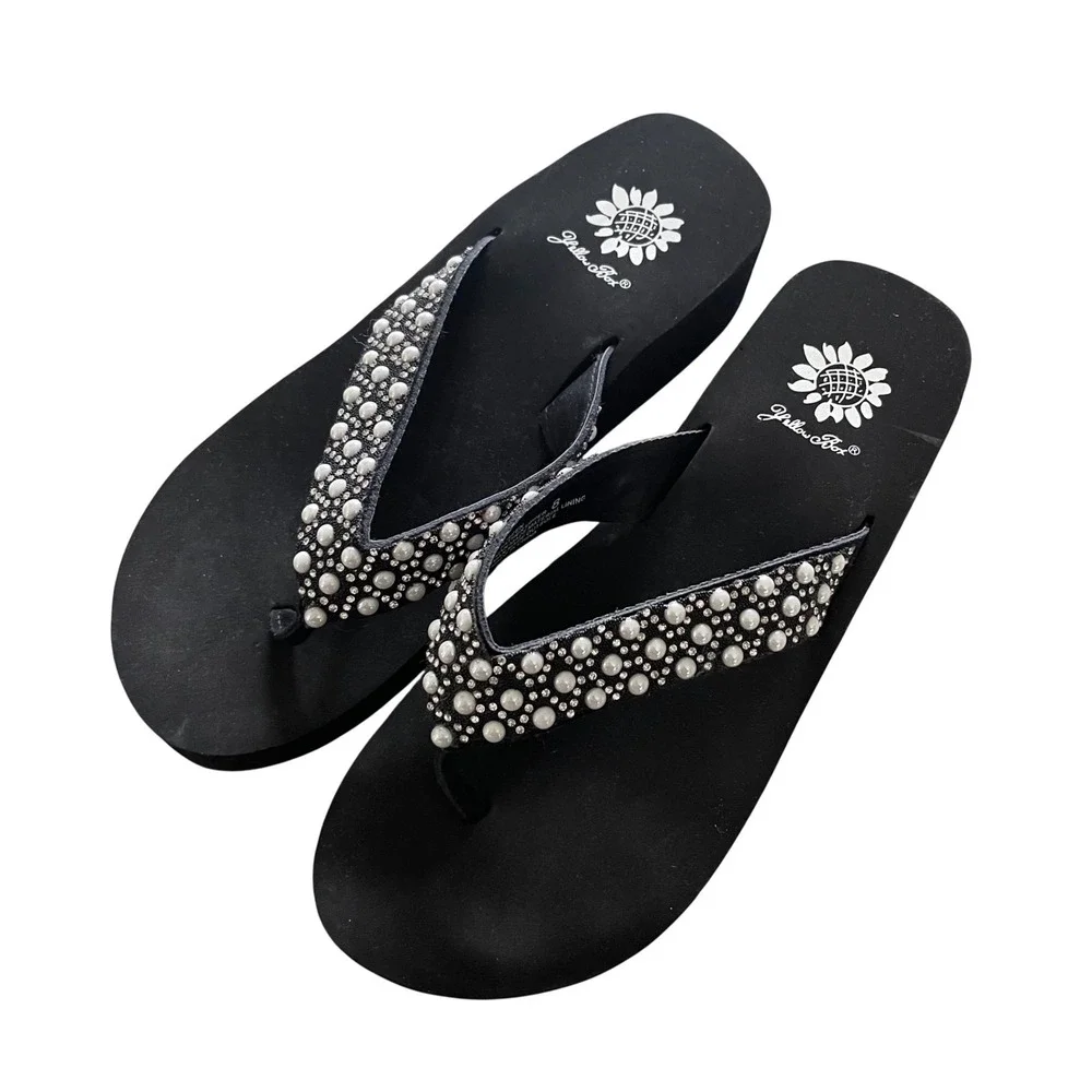 Yellow Box Koreen Flip Flops Womens 8 Black Wedge Pearl Rhinestone Glam‎ Sandal - Picture 2 of 5